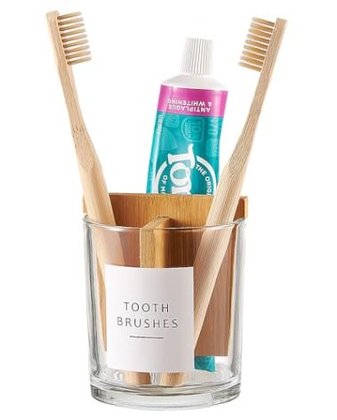 Onsogi Glass Toothbrush and Toothpaste Holder with Bamboo Divider for Bathroom Countertop, Toothbrush Organizer Stand for Bathroom Vanity Countertops - 1 Pack
