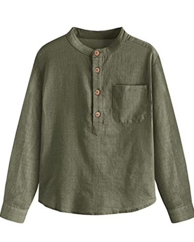 Inorin Boys Linen Shirt Button Up Henley Long Sleeve Dress Shirts Cotton Lightweight Tees Tops with One Pocket Army Green