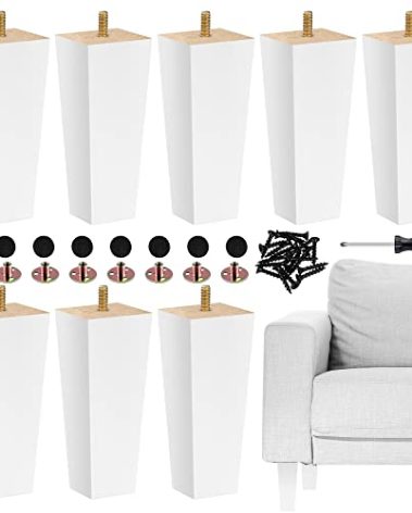 TURSTIN Set of 8 Wood Furniture Legs 6 Inch Square Solid Wood Sofa Legs with M8 T-Nuts Natural Wooden Couch Leg Replacement Leg for Furniture Armchair Bed Dresser Cabinet or DIY Projects, White