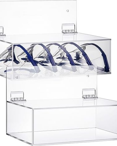 Geetery 2 Pack Safety Glasses Holder with Lid Wall Mount/Stand 9 x 6 x 3 Inches Clear Acrylic Dispenser Storage Case Wall Organizer Box for Eyewear Goggle Glove Facemask Lab Supply