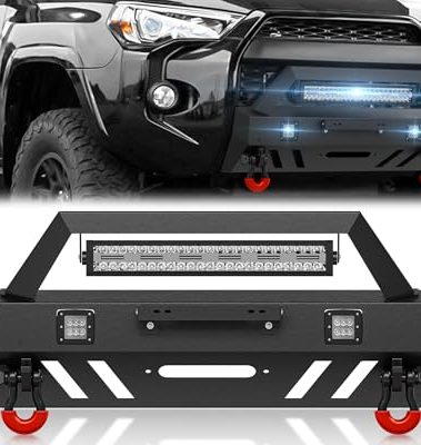 SOENBOO for 4Runner Off-Road Front Bumper Compatible with 2010-2023 Toyota 4Runner 5th Gen (Not Fits 2010-2013 SR5) Equipped with Winch Plate, 3 x LED Lights, License Plate Bracket & D-rings (Black)
