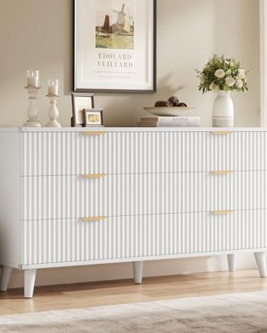 YaFiti Fluted 6 Drawer Dresser, 53" Wide Modern Chest of Drawers with Wooden Tabletop, Dresser TV Stand, Wood Drawer Organizer for for Bedroom, Living Room, White