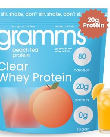 GRAMMS Clear Protein Powder 20G Protein for Women & Men | Grass-Fed Whey Isolate, Zero Sugar, Zero Lactose, Non-Bloating, Non-GMO (18 Servings) (Peach Tea)