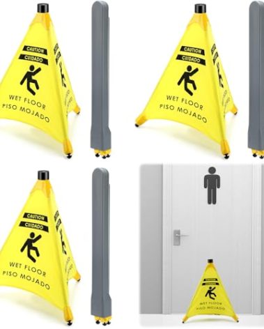 Ceenna 19 1/2 inch Wet Floor Sign Pop-up Safety Cone with Storage Tube Wet Floor Symbol Yellow Warning Sign for Retail, Grocery, Office, Cinema, Restaurant, Mall(4 Pcs)