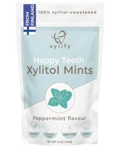 Xylitol Mints for Oral Care - Peppermint flavor, 100% Xylitol sweetened, Sugar Free Candy, Happy Teeth dental mints from Finland, 5oz - 245 mints