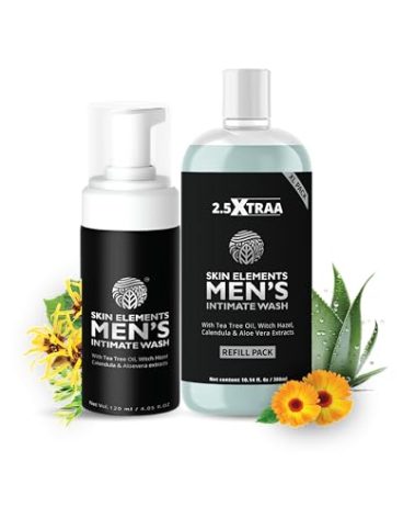 Skin Elements Men's Intimate Wash JUMBO Pack | with Refill | For 180 Days | 14.2 fl. oz | pH Balanced Hygiene Foaming Wash | Controls Bad Odor | with Tea Tree Oil | Super Saver Pack |
