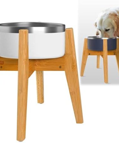 Dog Bowl Stand (14-inch High) - Ideal for Large Breeds, Use to Elevate, Raise Pet Dishes, Water Fountains and Slow Feeders - Adjustable Sideways, Bamboo - (Bowls not Included)