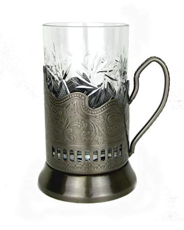 WORLD GIFTS 1 Russian Crystal Hot Tea Glass 8.5 Oz & 1 Metal Glass Holder Podstakannik