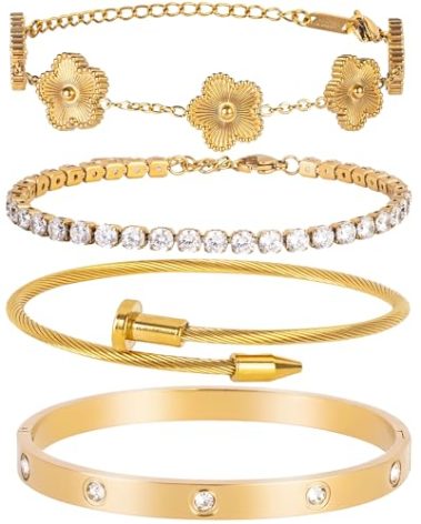 18K Gold Plated Nail love Bangle Bracelet Set for Women Stackable Gold Clover Adjustable tennis bracelet Trendy Gift Jewelry for Mother's Day Anniversary (Gold)