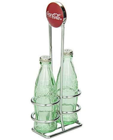 TableCraft Coca-Cola Salt and Pepper Shaker Set with Chrome Plated Metal Rack, Coca-Cola Salt and Pepper Shaker Set