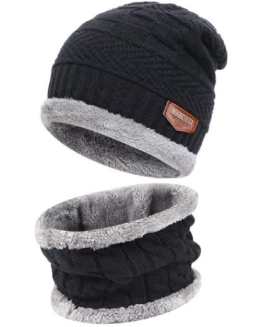 FZ FANTASTIC ZONE Mens Womens Winter Beanie Hat Scarf Set Warm Knit Thick Fleece Lined Skull Cap Neck Warmer for Men Women D Black