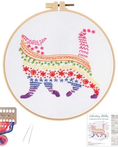 Louise Maelys Embroidery Kits for Beginners Adults,Cat Stamped Pattern Practice for Starters,Cross Stitch Kit Including Hoop,Cloth,Needles, Instruction and Threads