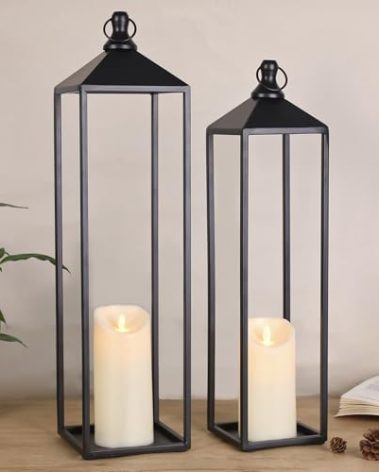 22'' 19'' Large Lanterns Decorative Outdoor Indoor, Set of 2 Black Metal Candle Lanterns Halloween Lanterns Modern Farmhouse Floor Lanterns Decorative for Home Decor, Mantle, Patio, Porch, Garden