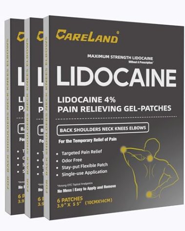 CARELAND Lidocaine Gel Patch, 18 Count Maximum Strength Pain Patches for Muscle Relief in Neck Knee Back and Shoulders Unscented Numbing Patch for Soothing Nerves, Joints