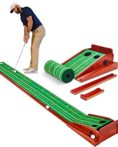 Perfect Practice 2-Hole Golf Putting Mat - 9.5ft Portable Putting Green, Indoor & Outdoor Practice, with Ball Return - Golf Training Aid for Home, Office, Backyard - Golfing Gifts for Men