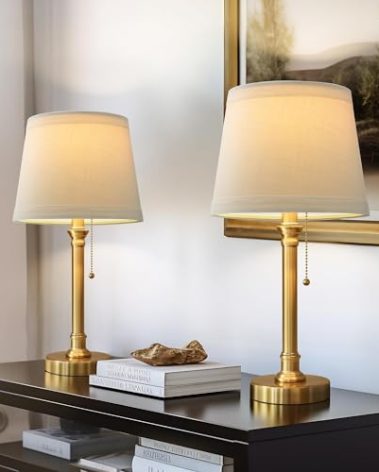 Oneach Modern Gold Brass Table Lamp Set of 2 for Bedroom Living Room 19.5'' Traditional Bedside Desk Nightstand Buffet Candlestick Samll Lamps with White Drum Shade
