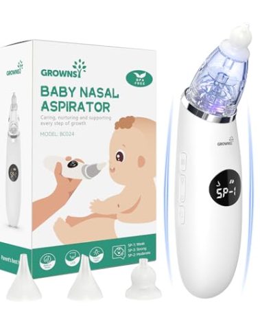 GROWNSY Nasal Aspirator for Baby | Baby Nose Sucker | Electric Nose Suction for Toddler, Ergonomic Booger Sucker with 3 Silicone Tips, Music & Light Soothing Function(White)