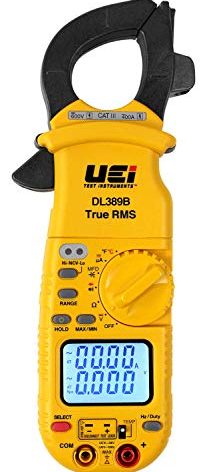 UEi DL389B Digital True RMS Clamp Meter, HVAC 4000 Counts Auto Ranging Voltmeter, Measures AC & DC Volts AC Amps AC/DC Microamps Temperature Frequency Resistance Capacitance Duty Cycle NCV Diode Test