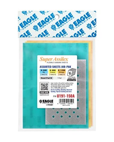 Super Assilex Flexible Sanding Sheets Job-PAK, Assorted K600-K1200, U191-150A, 6 Sheets + 1 M Hand Pad for Half Sheets