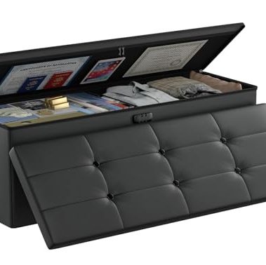 DocSafe Storage Ottoman Bench,Fireproof＆Waterproof Folding Bench with Lock(15”x 43”x15”),Leather Storage Chest with Handles＆2 Extra Boxes,Ottoman Safe for Bedroom,Living Room,Home Office,Black
