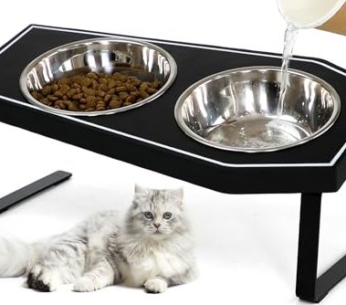 Cat Food Bowls Elevated, Gothic Cat Bowls, Raised Cat Bowls for Indoor Cats with Non-Slip Stand & Wood Board, Stainless Steel and Whisker Friendly Food Bowls