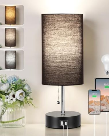 3-Color Temperature Bedside Lamp Nightstand Lamp with USB A Port and C Port, Table Lamp for Bedroom with LED Bulb Small Lamps for Living Room (Black)