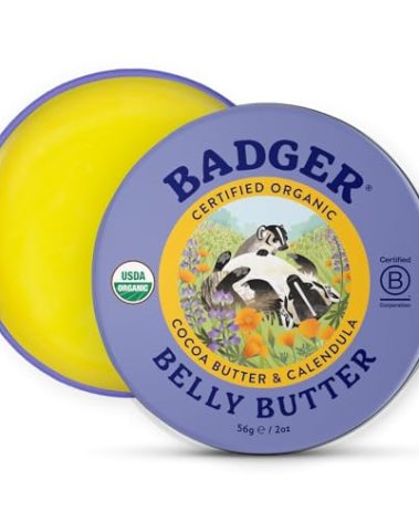 Badger Belly Butter, Organic Stretch Mark Cream for Pregnant Belly, Rich Hypoallergenic Moisturizing Organic Cocoa Butter & Coconut Body Butter for Women, 2 oz Tin