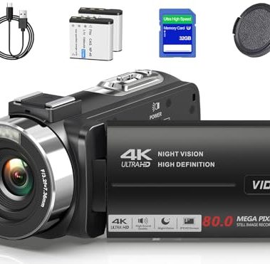 4K Video Camera Camcorder Ultra HD 80MP Vlogging Camera for YouTube 18X Digital Zoom 3.0" IPS 270° Screen IR Night Vision Camcorder Recorder with 32GB SD Card, Lens Cap and 2 Batteries