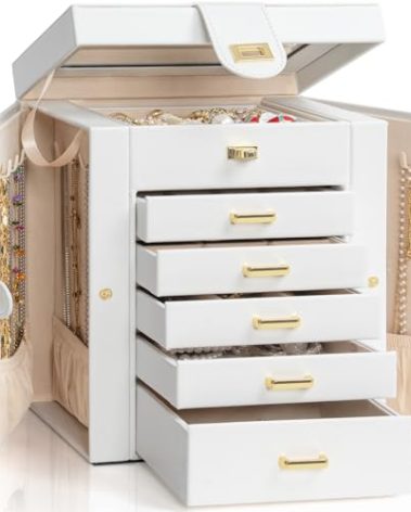 AKOZLIN Functional 6-Tier Jewelry Box Organizer with 5 Drawers Leather Jewelry Storage Case for Women Girls Ring Necklace Earring Bracelet Holder Organizer with Mirror White