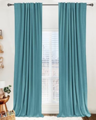 100% Blackout Shield Linen Blackout Curtains for Bedroom 96 Inches Long, Back Tab/Rod Pocket Living Room Drapes, Thermal Insulated Blackout Curtains 2 Panels Set, 50" W x 96" L, Dark Cyan