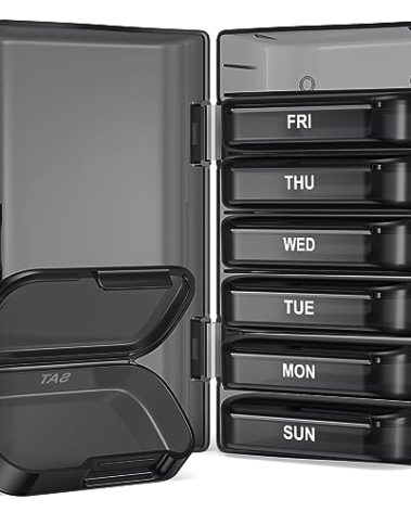PULIV Weekly Pill Organizer with Large Capacity, Dual Protection Pill Box 7 Day, Arthritis Friendly Pill Case Easy to Open, Medicine Organizer for Vitamins, Medications, Fish Oils, Supplements (Black)