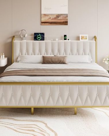 Einhomn Velvet King Bed Frame with Charging Station, Platform Bed with Upholstered Storage Headboard & Footboard, 12" Underbed Space, Noise-Free, Easy Assembly, No Box Spring Needed, Beige