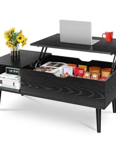 OLIXIS Wood Lift Top Coffee Table with Hidden Compartment and Large Storage Shelf, Lift Tabletop Dining Center Table for Home Living Room Office, Black