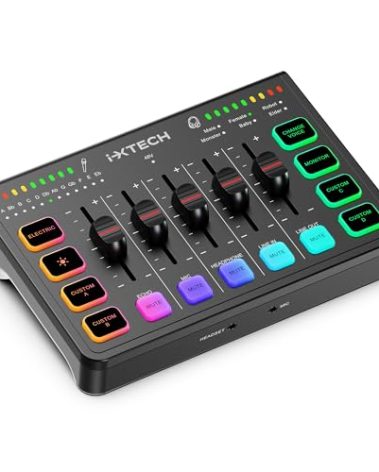 IXTECH Gaming Audio Mixer 4 Channel Soundboard, Streaming RGB PC Audio Interface with XLR Microphone Support, Audio Equalizer for Gaming Podcast Streaming Karaoke, Individual Volume Controls (Black)