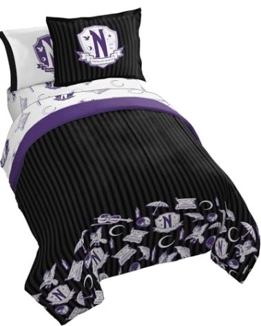 Jay Franco Wednesday Addams Full Comforter Set - 7 Piece Bedding Includes Sheet Set & Pillow Covers - Black and Grey Stripes Super Soft Kids Bedding