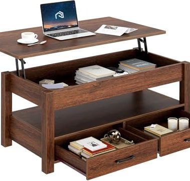 Rolanstar Coffee Table, Lift Top Coffee Table with Drawers and Hidden Compartment, Retro Central Table with Wooden Lift Tabletop, for Living Room,Espresso