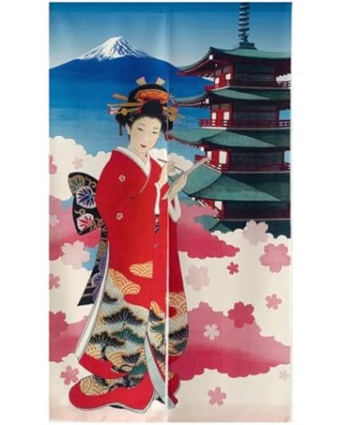 Vtrbwze Noren Japanese Doorway Curtain Ukiyoe Pagoda Cherry Blossom Tapestry Decorations Room Divider Curtain Privacy Curtains (Geisha and Mount Fuji, 33.5" W x 67" L) NR1354