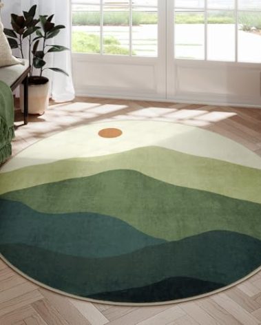 Sungea 6ft Round Rugs for Living Room,Soft Washable Non-Slip Large Circle Rug,Chic Mountain Low-Pile Circular Bedroom Rug Indoor Round Carpets for Kidsroom/Nursery/Office(Green)