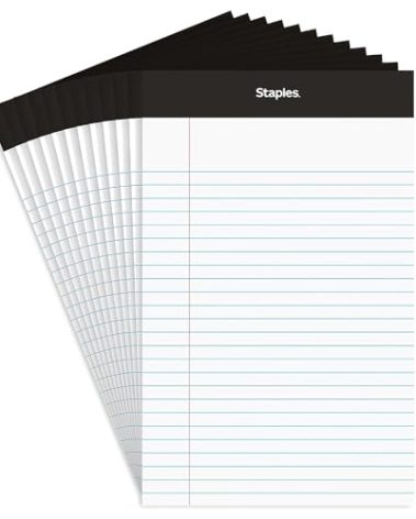 Staples TRU RED Notepads, 5 x 8 Inch, Narrow Ruled Legal Pads, Writing Pad for Home, Office, School, 12-Pack, White