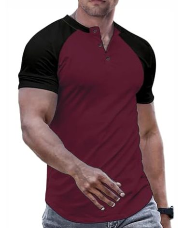 JMIERR Men's Muscle Slim Fit Button Henley Shirts Summer Patchwork Short Sleeve Longline Fitted T-Shirt Gym Workout Athletic Tees Shirt for Men, M