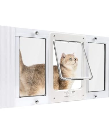 Full-Size Window Pet Door for Cat&Small Dog, Fits 24"-28" Width Windows, Quick-Fit Cat Door Window Insert, 4 Locking Mechanisms, Magnetic Closure Cat Window Door, Aluminum Frame Pet Door for Window