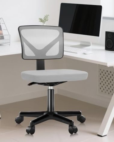 DUMOS Armless Desk Chairs, Cute Home Office Chair No Arms with Wheels, Ergonomic Adjustable Swivel Rolling Task Chair, Comfy Mesh Mid Back Computer Work Vanity Chair for Small Spaces, Light Grey