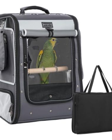 Petsfit Bird Carrier with Shade Cover,Adjustable Height Standing Perch and Great Ventilation, Fit for Medium/Large Sized Birds(Large, Grey1)