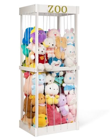 Trycooling Stuffed Animal Zoo Stuffed Animal Storage Wood Plushie Storage Stuffed Animals Zoo Storage Cage with Zoo Pattern Elastic Band for Nursery Play Room Bedroom (White)