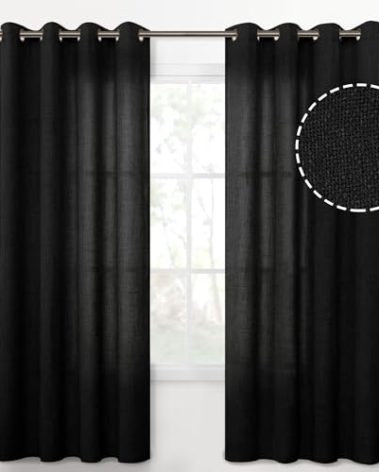 YoungsTex Black Linen Curtains 72 Inches Long for Living Room, Light Filtering Textured Long Window Drapes Privacy with Bronze Grommet for Bedroom Ofiice Let Light in, 52 x 72 Inch, 2 Panels
