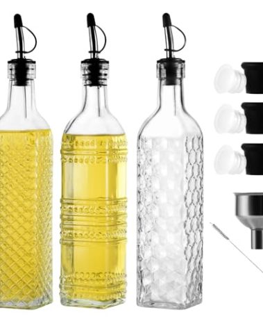 Wongblee 3-Pack Glass Oil Dispensers 500ML/17OZ, Oil and Vinegar Bottles Set with Stainless Steel Pourers, Brush, Funnel, Seal Caps (Square)