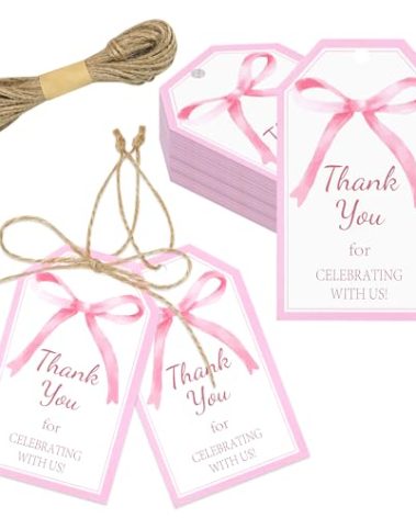 Glavatrix 50Pcs Pink Bow Thank You Gift Tags Coquette Bowknot Hanging Labels with Hemp Rope Thank You for Celebrating with Us Paper Tags for Princess Themed Wedding Birthday Baby Shower Party Favor