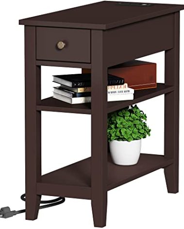 ChooChoo Narrow End Table with Charging Station, Side Table Living Room with USB Ports & Power Outlets and Hidden Drawer, 3-Tier Skinny Nightstand with 2 Open Storage Shelves For Small Place(Espresso)