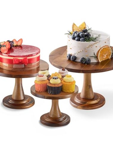 TIDITA Set of 3 Acacia Wood Cake Stand Set – Wooden Rustic Farmhouse Cupcake Stand - Wedding and Birthday Decorating Cake Pedestal Stand - Dessert Display Serving Use at Parties, Restaurants, Birthday