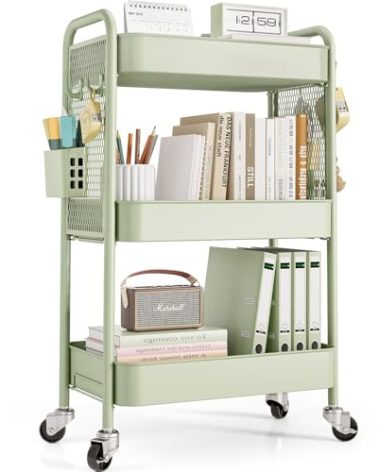 TOOLF 3 Tier Rolling Cart Storage Organizer, Metal Rolling Utility Cart with Wheels, Hooks & Bins Esthetician Craft Art Sturdy Storage with Pegboard for Bathroom, Kitchen, Office, Nursery Diaper